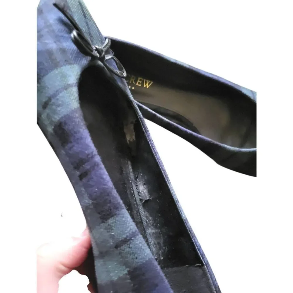 J. Crew Flats Women's 7 Green Blue Tartan Plaid Pointed Toe Ballet Bow Preppy